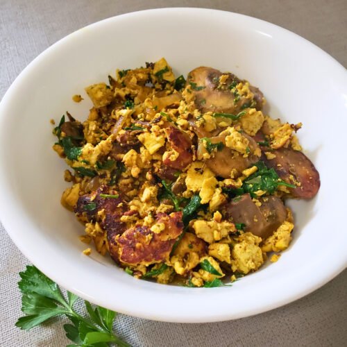 20-Minute Mediterranean Tofu Scramble with sautéed mushrooms