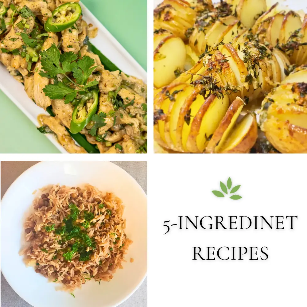 A collage of 5-ingredient healthy Mediterranean meals and recipes, by the promised cook