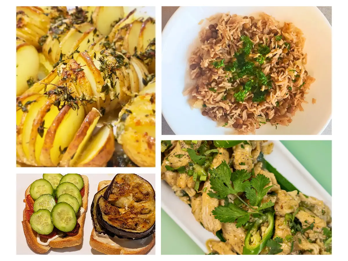 A collage of four easy 5-ingredient Mediterranean recipes: roasted chicken, eggplant sandwich, mujadara rice, and roasted potatoes.