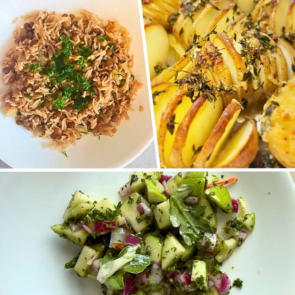 A collage of mediterranean side dishes.